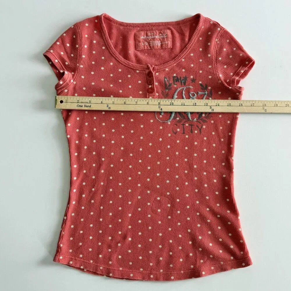 Aeropostale Girls L Orange Polka Dot Henley Waffle Weave Crew Shirt Embroidered